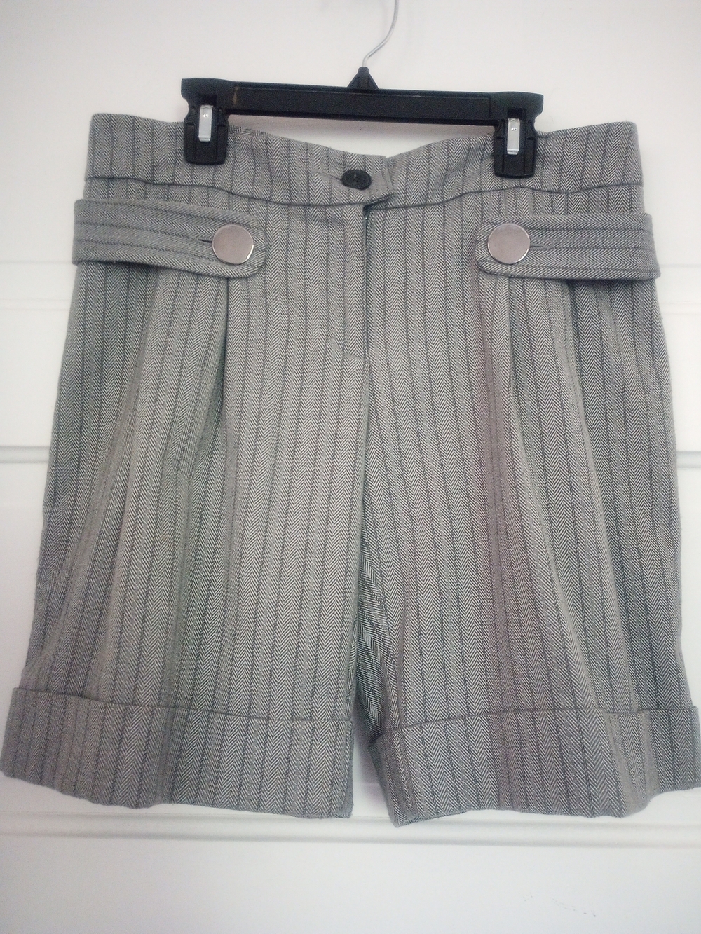 Cache Light Gray Pinstripe Tailored Shorts with Button Tab